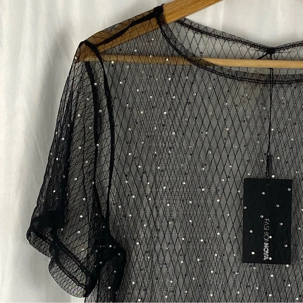 Fashion Nova Black Sheer Short Sleeve Dress with Silver Accents Size Medium - Picture 2 of 16